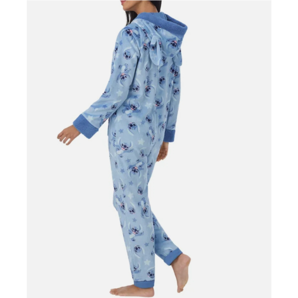Disney Stitch Women’s One-piece Pajama Blue Jumper 3 D ears Hooded L New - Picture 2 of 5